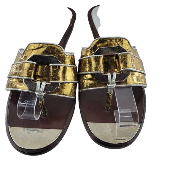 Marc By Marc Jacobs Sandals Size 37.5 7.5 Gold Leather Silver Tone Buckle Thong - Picture 3 of 10